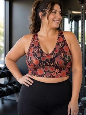 dip Floral Racerback Sports Bra - Pink, Black & Tan Medium